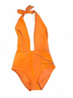 NWT aerie One Piece Tie Halter Swimsuit Low Back V Neck Orange Womens Sz Medium
